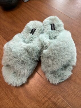 Nine West Plush Faux-Fur Slide Slippers in Mint